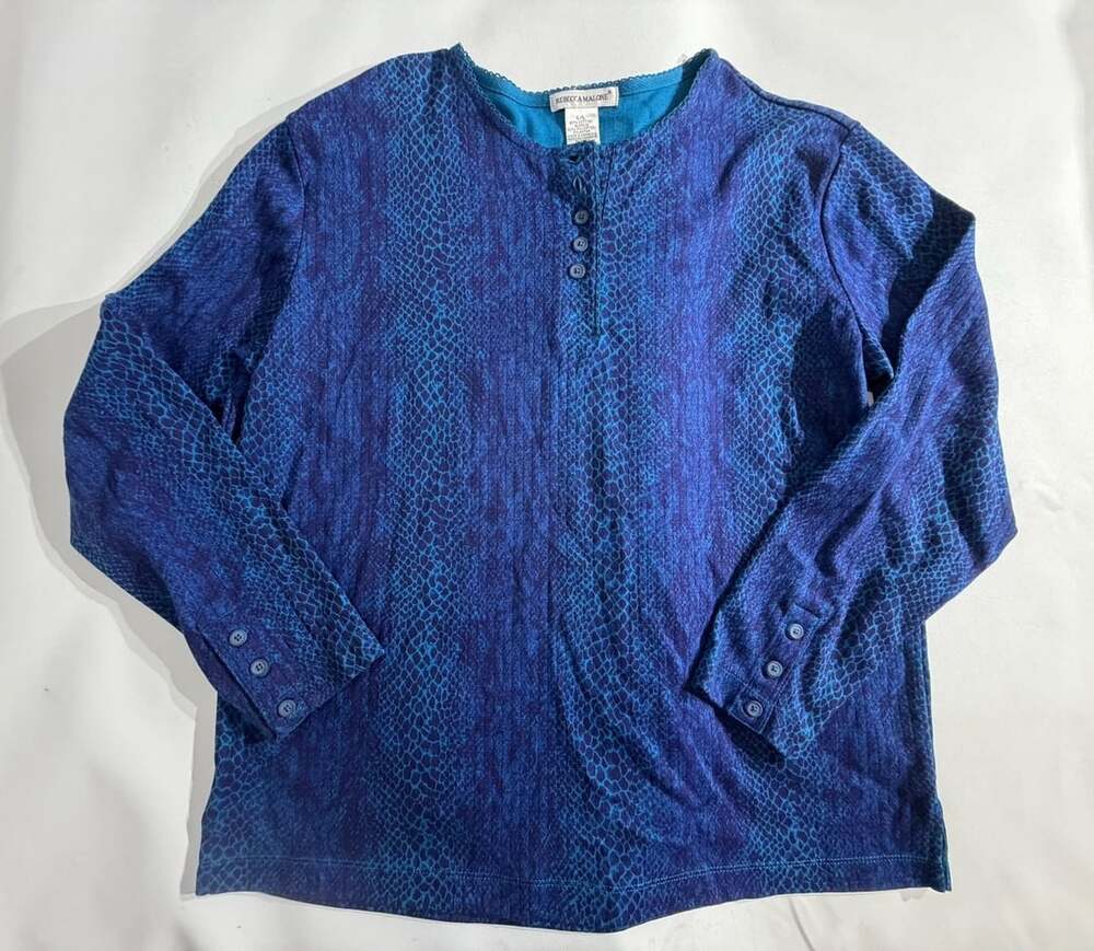 Rebecca Malone Blue Snakeskin Print Henley Top Womens L
